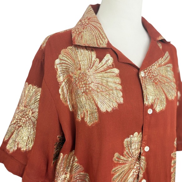 Perte d'Ego Sunflower Shirt Rust Metallic Gold Floral Mother of Pearl Button Up - Picture 4 of 7